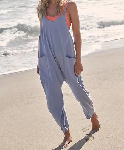 Women's Loose Sleeveless Jumpsuits Spaghetti Strap Stretchy Long Pant Romper Jumpsuit With Pockets Zipper